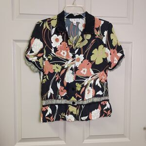 Ku De Ta Womens Blouse Size Medium Button Front Black Floral Short Sleeve